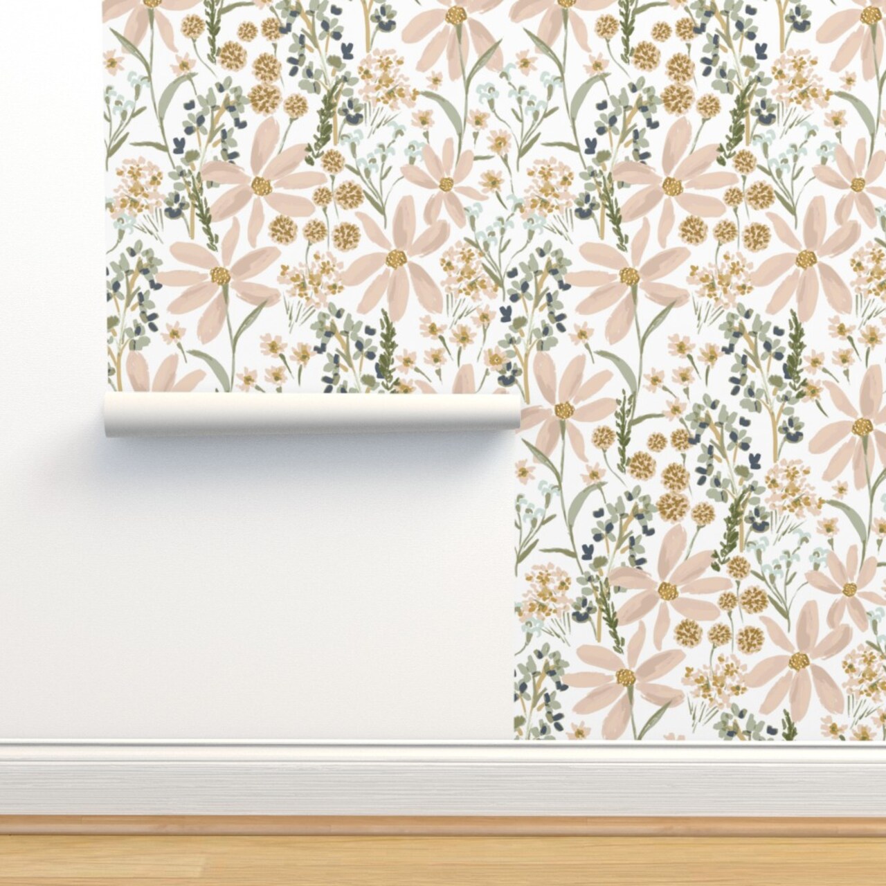Country Floral Watercolor Wildflower Summer Large Daisy Nursery Rustic Farm Girl Custom Removable Wallpaper by Spoonflower Peel & Stick Wallpaper 2FT Wide 9987142